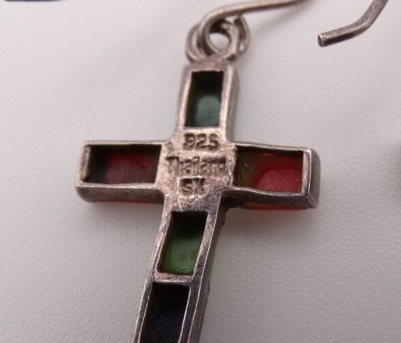 Sterling Silver 925 Dangle Multi Stone Cross Earr… - image 6