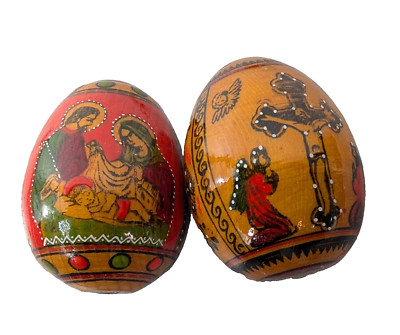 Vintage Virgin Mary Hand Painted Wooden Eggs Crucifix Holy Family Lot of 2