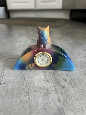 Vintage Judith Stiles Rainbow Heart Cat Mini Clock Pottery Signed Multicolor
