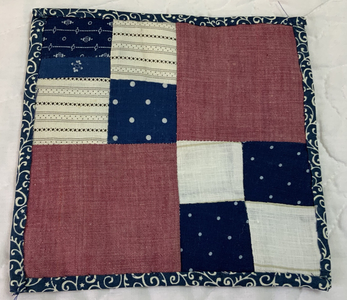 Antique Vintage Patchwork Quilt Table Topper, Four Patch, Early Calico Prints