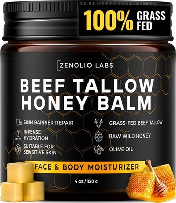 Organic Grass-Fed Beef Tallow Raw Honey Balm:  Dry, Cracked Sensitive Skin 4 oz