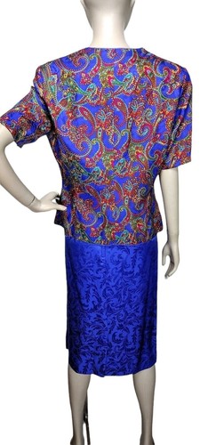 Vintage 80s Adrianna Papell Silk Colorful Floral Brocade Pencil Skirt Blouse Set - Picture 5 of 10