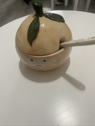 Seltene traurige Pfirsich Zuckerdose mit Löffel von Urban Outfitters süß 4 Zoll mit Deckel