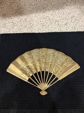 Vintage Solid Brass Oriental Style Hand Fan Raised Phoenix Dragon Wall Decor