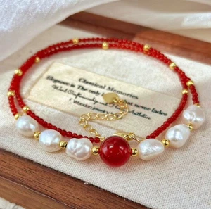 Naturelle 4mm Jade rouge blanc baroque Pearl Collier de perles rondes Gems 16-24in