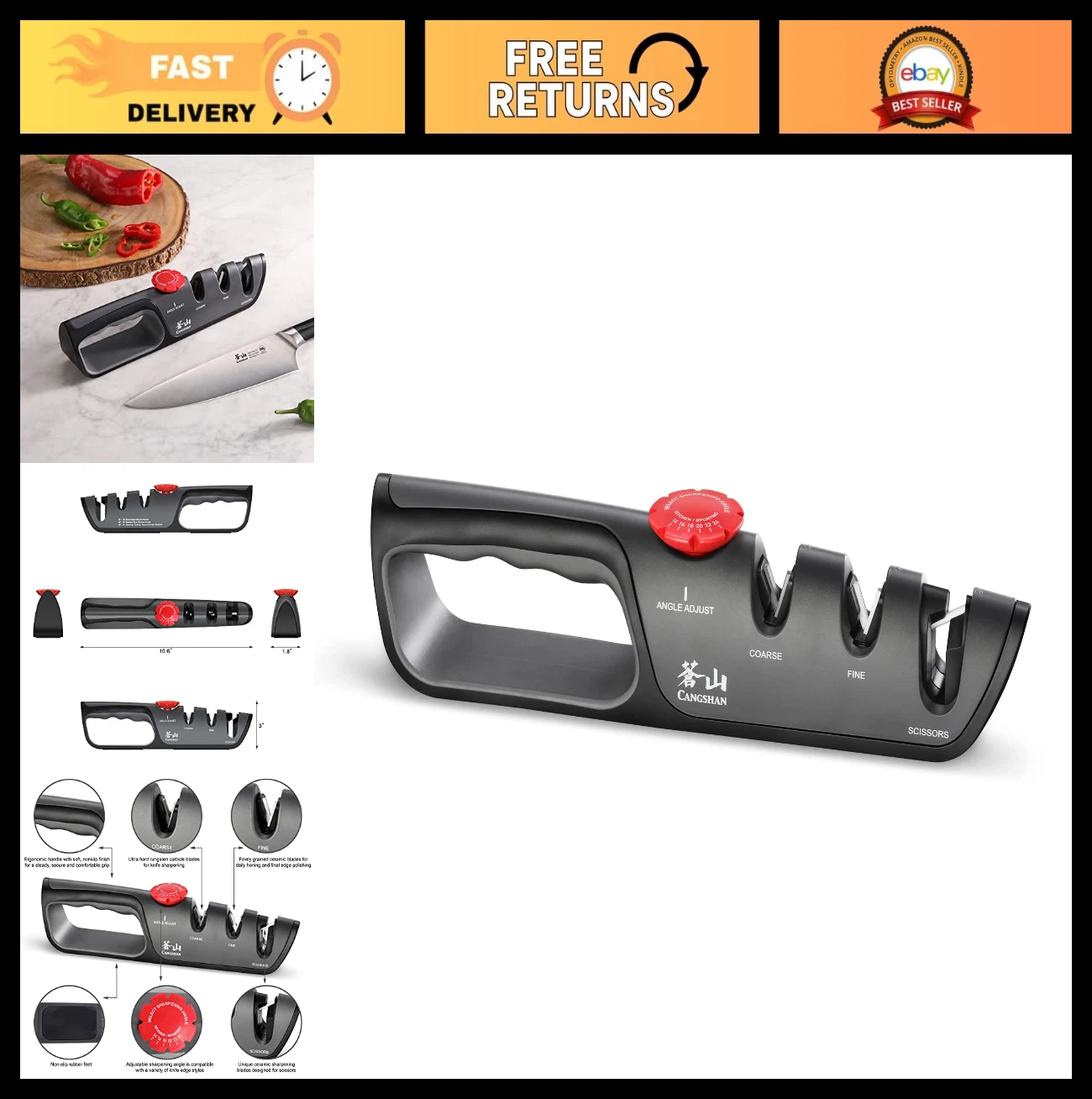3-Stage Adjustable Knife & Scissor Sharpener 14-24 Degree Professional Tool Blac
