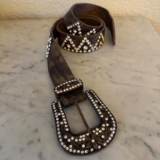 Brown Genuine Leather Rhinestone Western Belt Engraved Buckle Cowgirl SM 186
