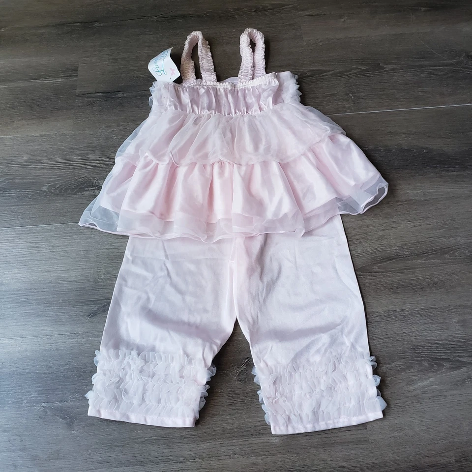 NEW Laura Dare Pink Ruffle 2 Piece Pajama PJ Set Girls Sz 4 Pants Top USA FLAWS - Image 2 of 4