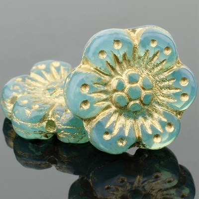 Czech Glass Wild Rose Beads: Aqua Blue with Gold Wash 12ct.