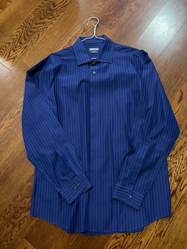 Kenneth Cole Slim Fit Non-Iron Navy Stripe Dress Shirt Long Sleeve 16.5 34/35