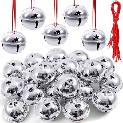 2 Inch Craft Bells-20 Pcs Large Silver Jingle Bells Bulk and Red Ribbon for C...