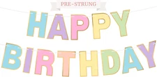 Pre-Strung Happy Birthday Banner - No DIY - Pastel Birthday Party Banner - Pre-S