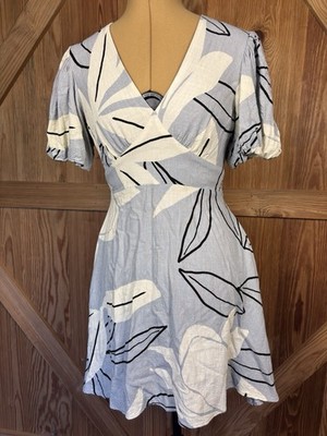 Boho Blue Leaf Print Linen Blend V-Neck Mini Dress Flutter Sleeve Beach Vibe S