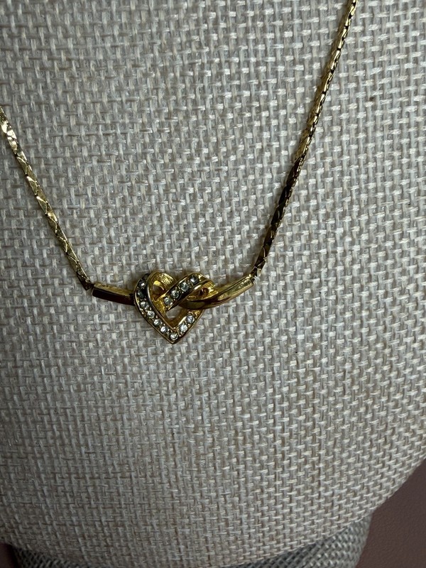 Vintage Christian Dior Gold Tone Heart Knot Pendant Necklace with Rhinestones