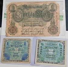 Germany 50 Mark 1910 + Allied 1 Mark & 1/2 Mark 1944 Notes Lot WWII Era
