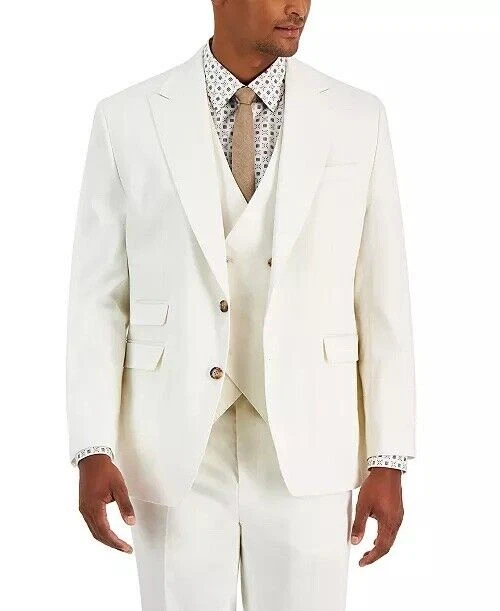 Tayion Mens Classic fit Suit Jacket Blazer 44 R White Herringbone Linen
