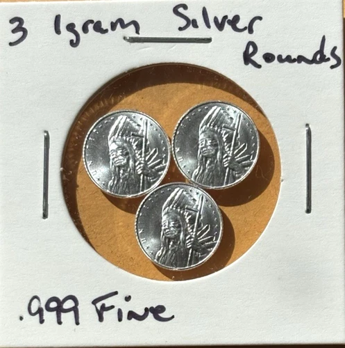 (Lot of 3) 1 GRAM .0.999 FINE SILVER ROUNDS- INDIAN CHIEF DESIGN - AFFORDABLE