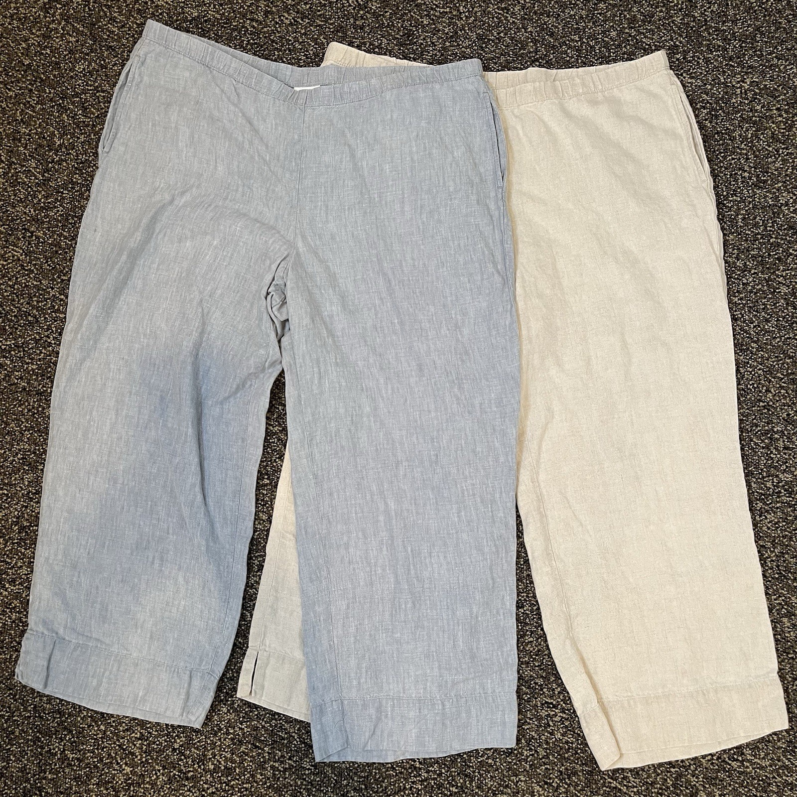 LOT OF 2 J Jill 100% Linen Wide Leg Cropped Pants Blue/Tan Pockets Womens Large