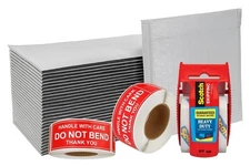 100 6.5x10 Bubble Mailers + 1000 Do Not Bend Stickers + Tape Combo Pack