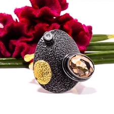 Smokey & White Topaz Black And Gold Plated 925 Sterling Silver Ring s.5.5 Sku63