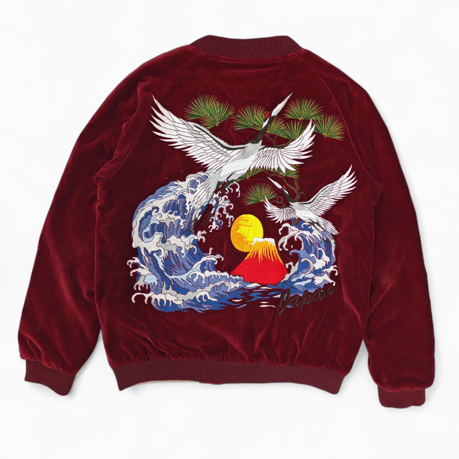 Japanese Souvenir Sukajan Velvet Reversible Jacket Crane Mt Fuji Wave Embroidere
