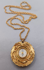 Vintage Watch Pendant Necklace Runs Harvester Swiss Made Gold Tone 30"