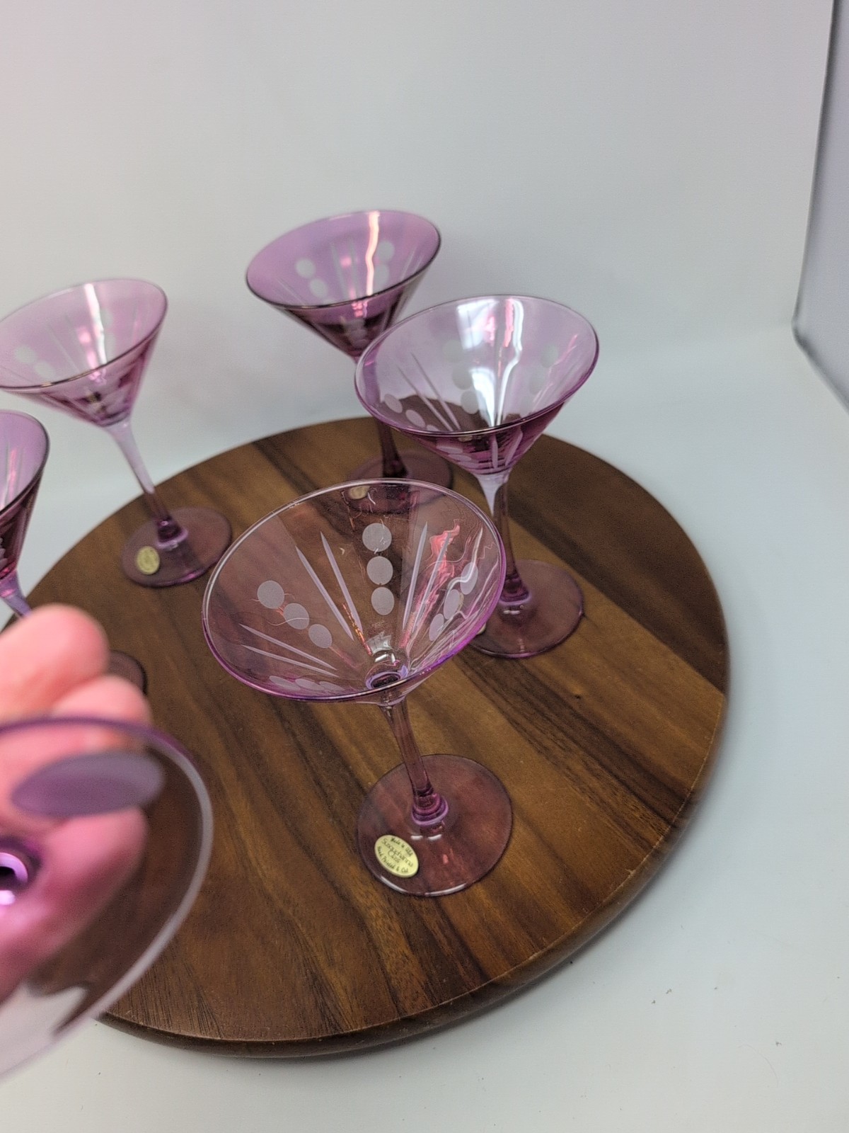 6 Made In USA Susquehanna Amethyst Purple Martini Glasses Hand Painted & Cut 