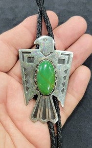 Vintage Bell Sterling Silver Thunderbird Bolo Tie Necklace On Woven Leather Cord