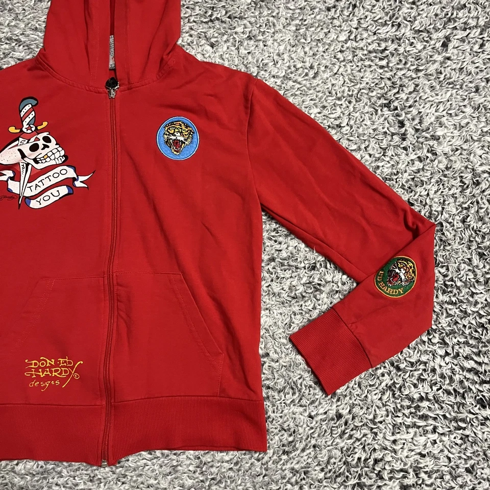 Chaqueta Don Ed Hardy Jóvenes Niñas Extra Grande Roja Cremallera Completa Con Capucha Bordada Y2K Foto 3 de 4