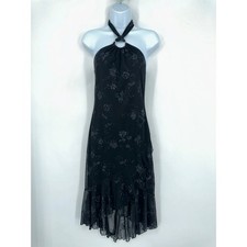 Vintage 90s Y2K Glitter Floral Prom Dress Halter Ruffle Sparkle Black, Size M