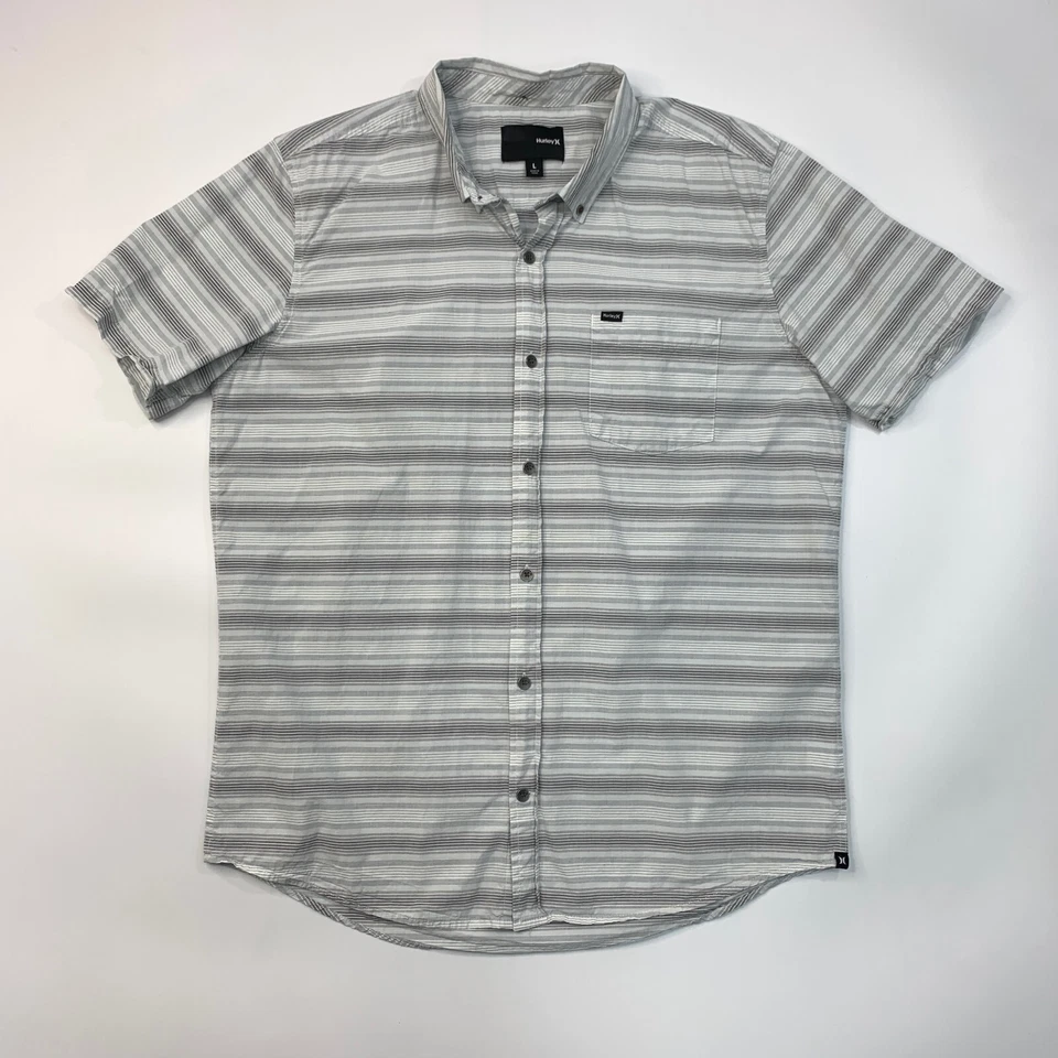 Camisa Hurley Para Hombre L Grande Gris Con Botones Manga Corta Rayas Algodón Bolsillo Foto 2 de 4