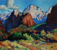 Rare unique American Modernism mountain landscape painting, signed Bischoff