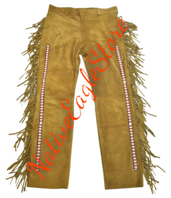 Men s Buckskin Suede Beaded Fringe Powwow Style Regalia Pant Cognac NAP706
