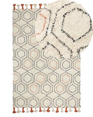 Teppich Baumwolle beige geometrisches Muster mit Quasten 140 x 200 cm Hajipur