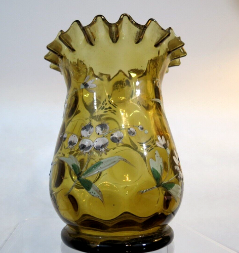 Antique Moser Bohemian Hand Painted Floral Amber Crimped Coin Optic Vase - Picture 7 of 11