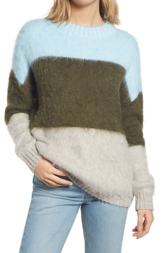 BP Women’s Oversize Brushed Pullover Sweater Blue Green Gray Bruxie S 4971