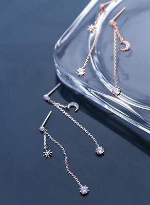 Women 925 Sterling Silver Cubic Zirconia Sun Moon and Star Stud Earring 