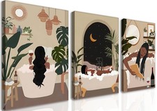 Black Girl Bathroom Wall Art Set of 3, Fashion Boho Black Woman Canvas Wall D...