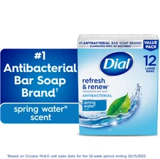 Dial Antibacterial Bar Soap Spring Water Refresh Renew Deodorant Bar 4oz 12 Bars