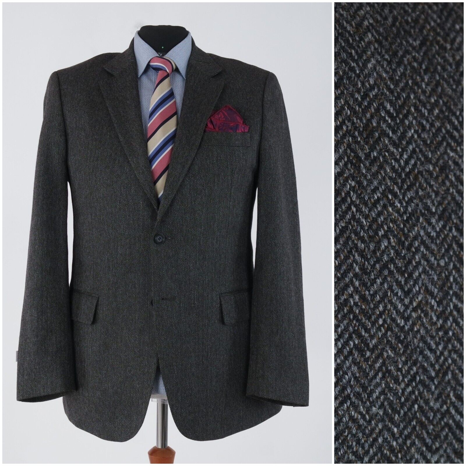Mens Herringbone Tweed Jacket 44R US Size NETWORK Grey Wool Sport Coat Blazer