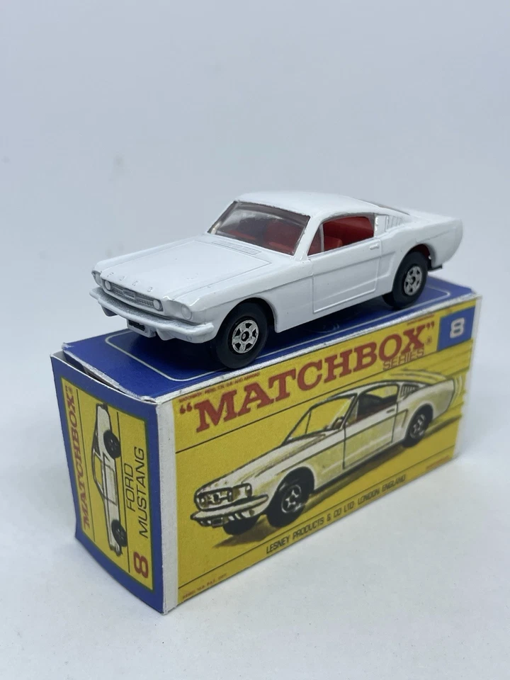 Matchbox Lesney #8 Custom Ford Mustang In White Early Thin SF Wheels Repro Box - Image 2 of 4