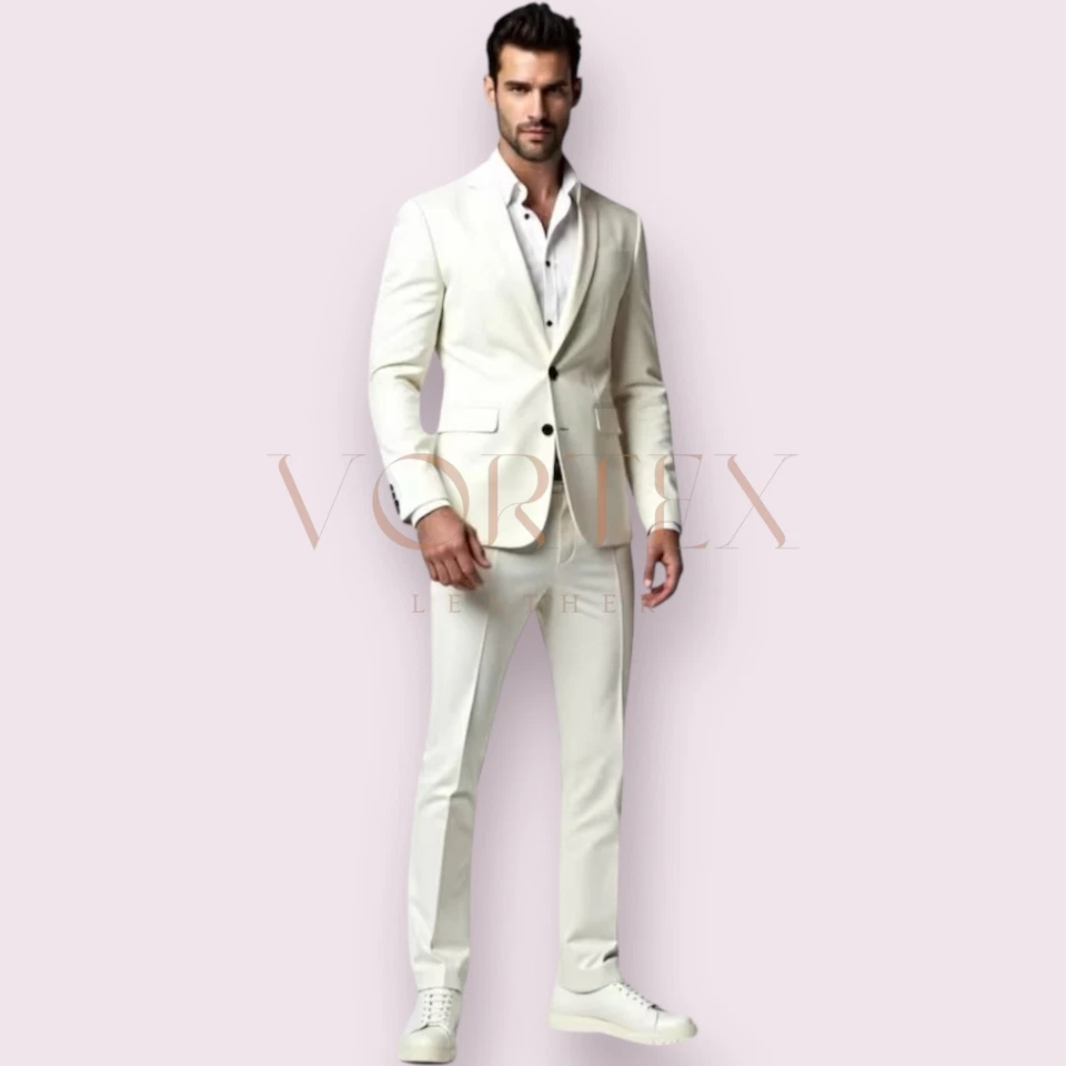 Conjunto Blazer Hombre Blanco 2 Piezas Cuero Puro Calce Ajustado Elegante Blazer Pantalón Conjunto Foto 2 de 4