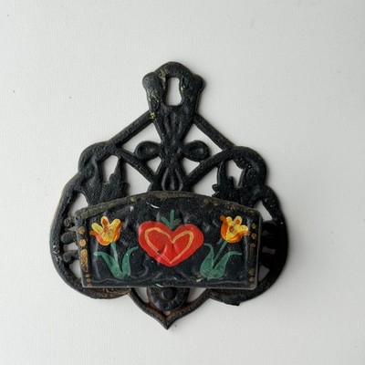 Vintage Hand Painted Cast Iron Match Holder Wall Mount Heart Floral Folk Art
