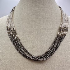 Vintage 80s Neutral Tone Multi Strand Seed Bead Choker Necklace Retro Jewelry