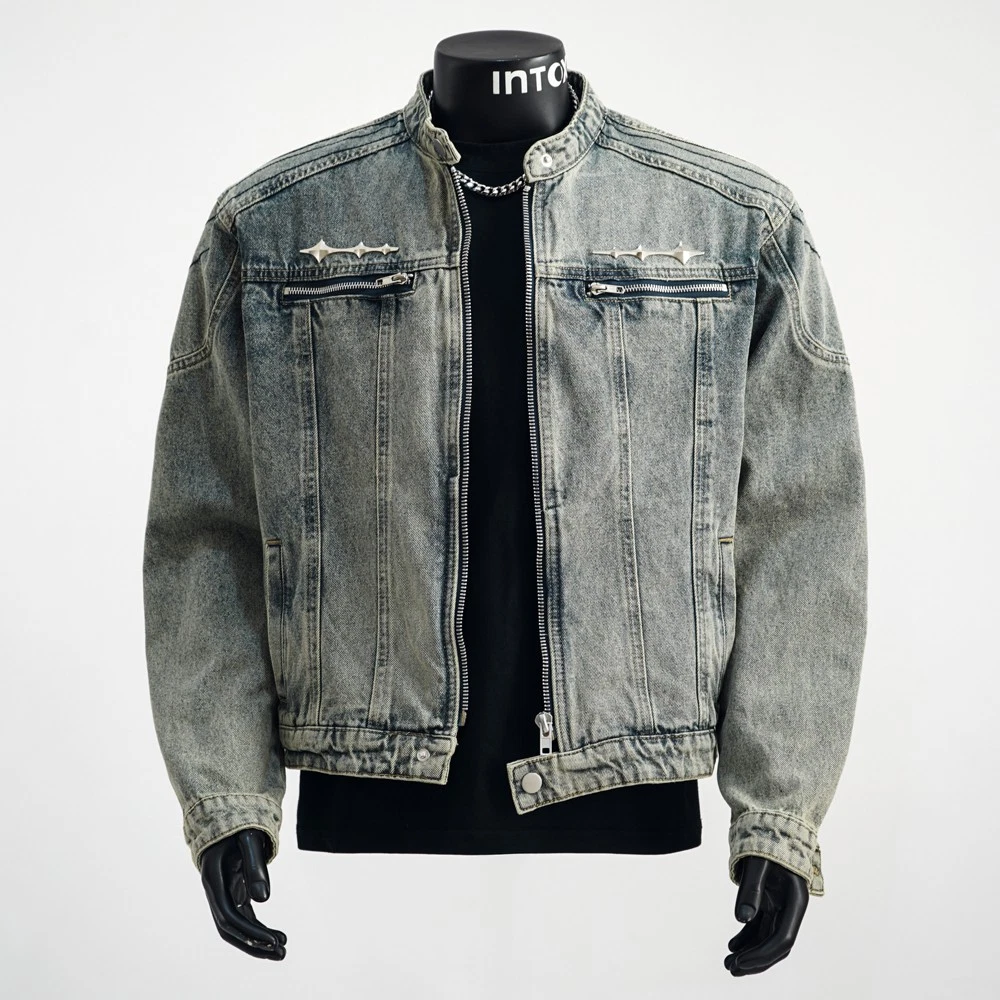 Mens Short Denim Jacket Zipper Retro Jean Coat Loose Western Style Hip Hop Chic