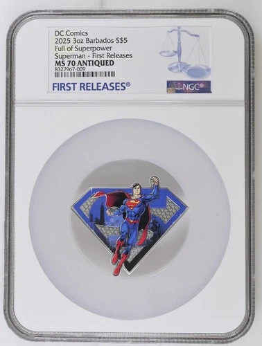 2025 Barbados 3 Ounce Silver $5 Superman Shaped High Relief Colorized - NGC MS70