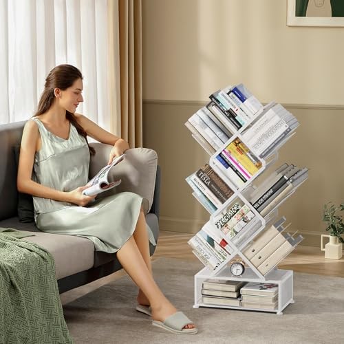 Metal 6 Tier Bookshelf, No Assembly Needed Foldable Bookcase with Storage White