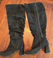 Lane Bryant Womens Boots Black Over the Knee Zip Thigh Tie Block Heel 10 Wide