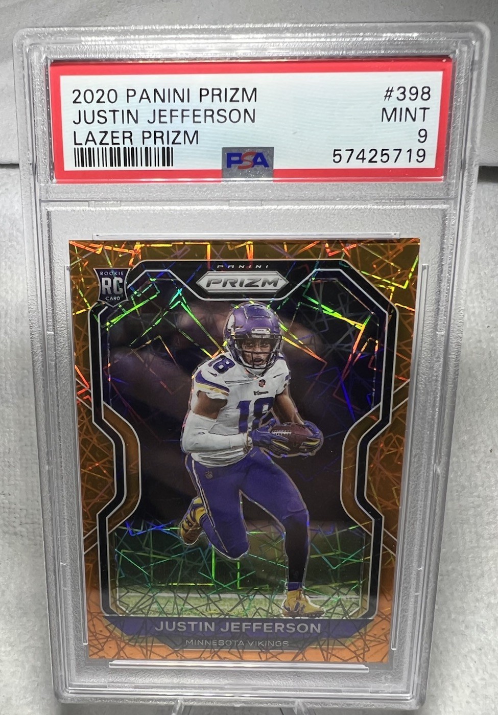 Panini Prizm 2020 Justin Jefferson RC Lazer Prizm #398 Vikings PSA 9 mint view 2