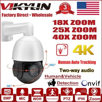 Vikylin 4K 5/8MP 360° 18/25/40x Zoom PTZ Camera IR POE 2 Way Audio Auto Tracking